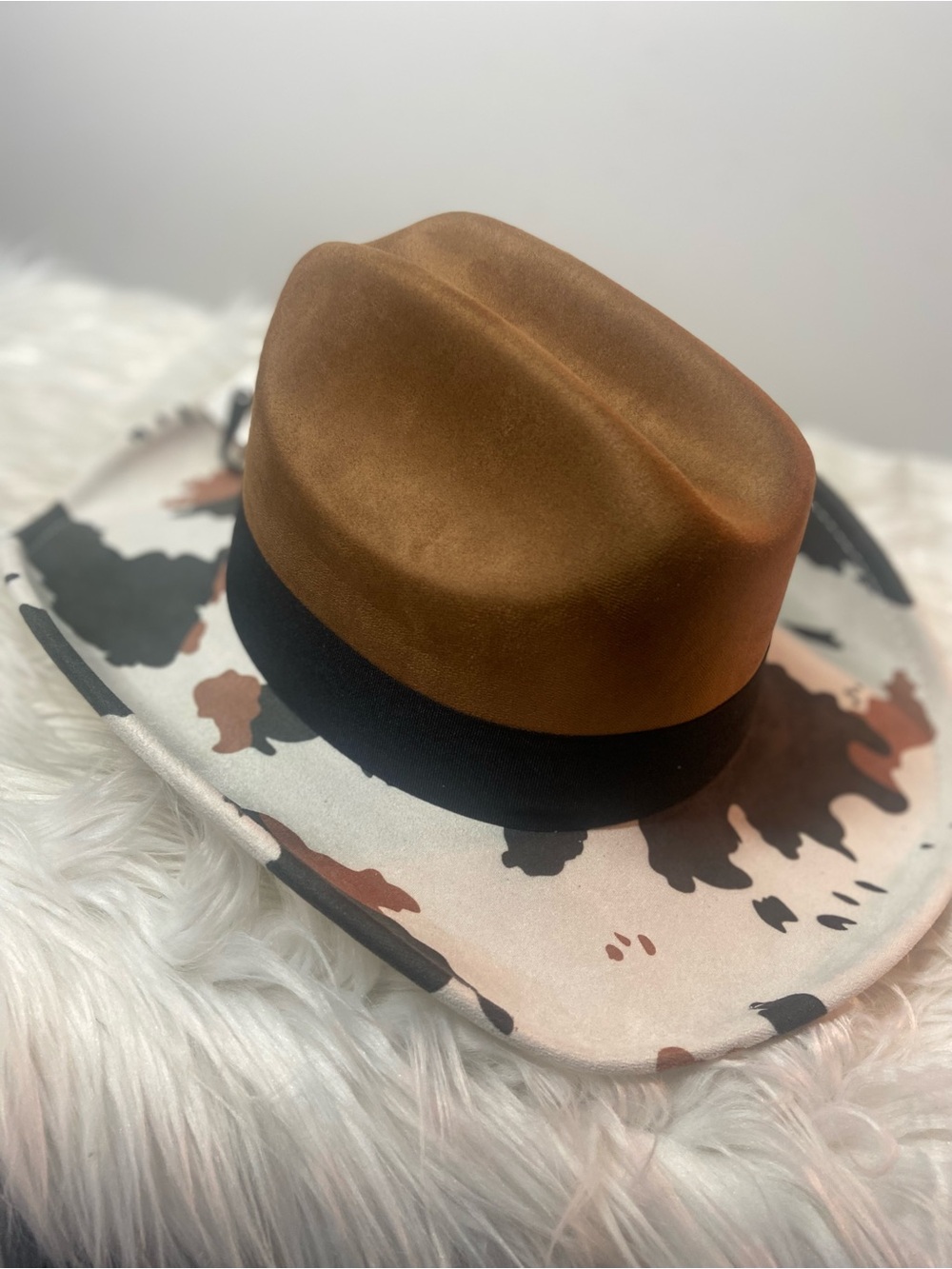 Accessorize Brown Felt Cowboy Hat with Black Band and Cowprint Brim